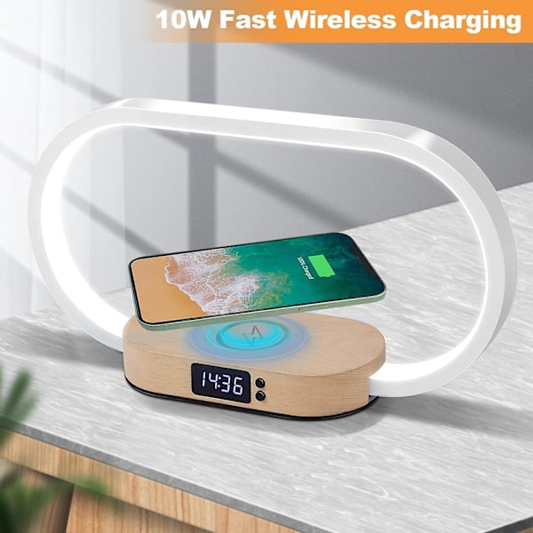 Nattbordslampe med trådløs lader, skrivebordslampe med USB-port, soveromslampe med klokke, nattbordlampe, dimbar 3 fargemoduser, hvit