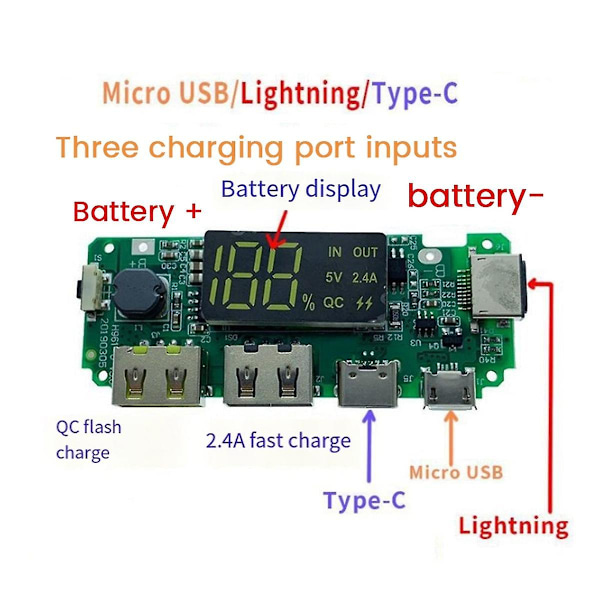 18650 Lithium Batteri Digital Display Opladningsmodul 5V 2A 1A Enkelt Opladningsport Multi-Funktion Bærbar Boost Modul（Grøn）