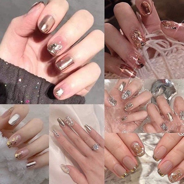 6 kartong med roséguld nagelpulver, kromeffekt, metallisk spegelglans på naglar, kromrosa nagelfärg, med glitternageldekoration, nagelfärg