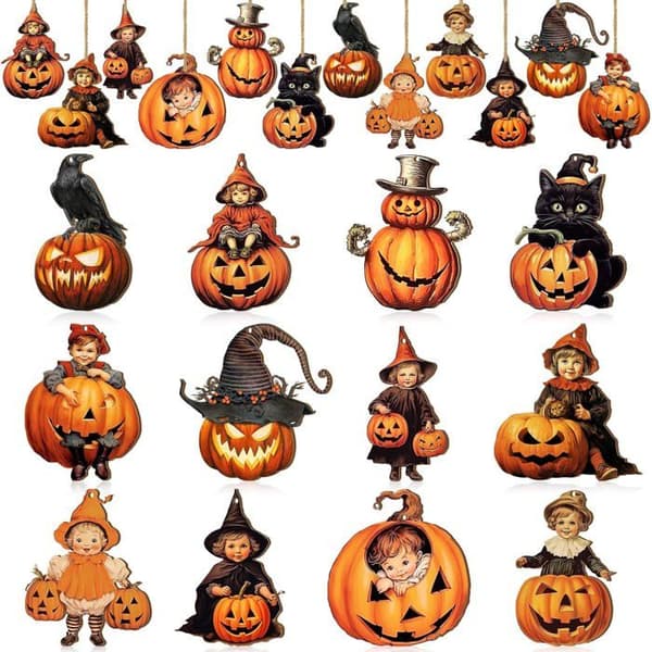 Halloweenpynt - Sæt med 36 - Vintage Stil - 12 Designs - 5-9,6 cm - Til ophæng