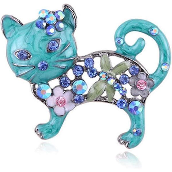 Söt Emalj Katt Brosch Elektropläterad Legering Rhinestone Blomma Djur Casual Brosch Nål Presenter (1st, Grön)