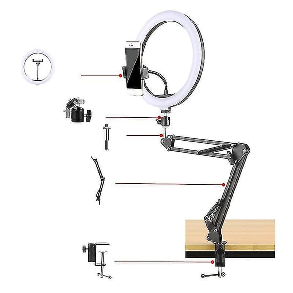 10in LED Selfie Ring Light med förlängbar armstativ och skrivbordsfäste för telefon