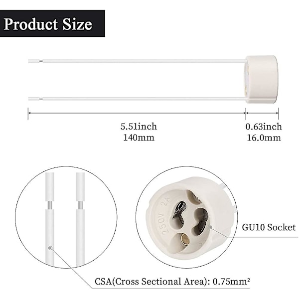 25p Gu10 Sokkellampeholder 0,75 mm Silikontråd Pærekontakt Lampebase For Led Og Halo