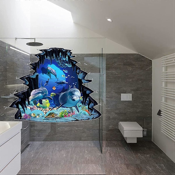 Ocean Dolphin 3D Golv- och Väggdekaler, Under Havet Marin Djur Väggdekaler, Under Vatten Havsliv DIY Väggdekor för Badrum Barn Flickor