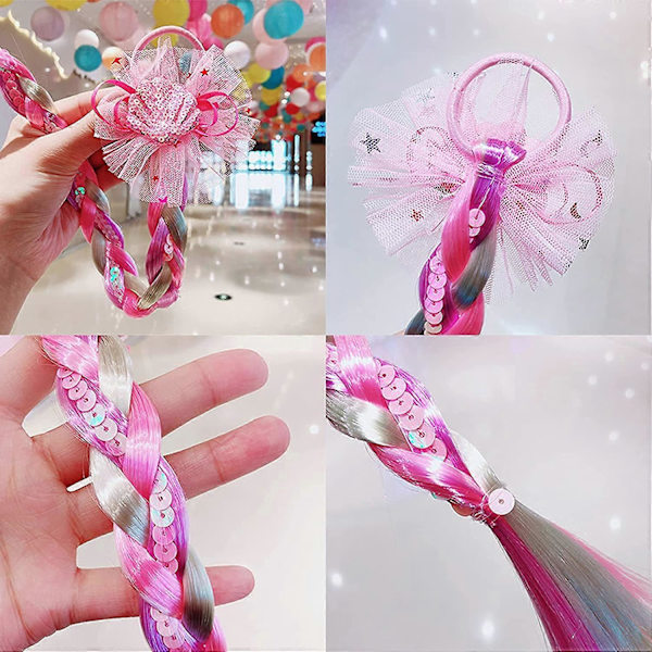 8 stycken färgade flätor hårförlängningar med gummiband hästsvansar hårsnoddar regnbågsfärg syntetiska hårstycken glitter flätade hårförlängningar för W
