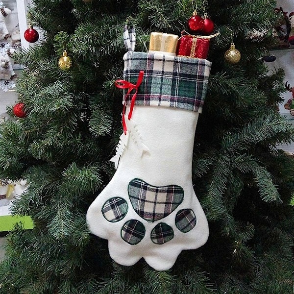 Julstrumpor med kattfot, plysch & rutig hängande strumpor för semester- och juldekorationer, grön