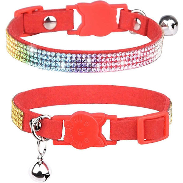 Kattkrage med Avtagbar Spänne, Bling Diamant Strass med Klocka, Justerbar för Katter och Kattungar, Flickor och Pojkar (röd)