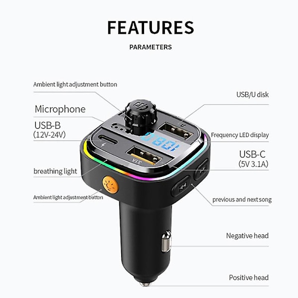 Bluetooth 5.0 FM-lähetin Handsfree-autoradion modulaattori Mp3-soitin USB + Type-C -laturiadapterilla autoon
