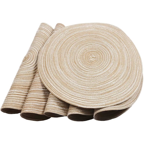 Dww-38x38cm-Set med 6 runde bomullsplassmatter Vaskbar Varmebestandig Sklisikker Plassmatte Jul Rund Beige Plassmatte Dekorasjon for