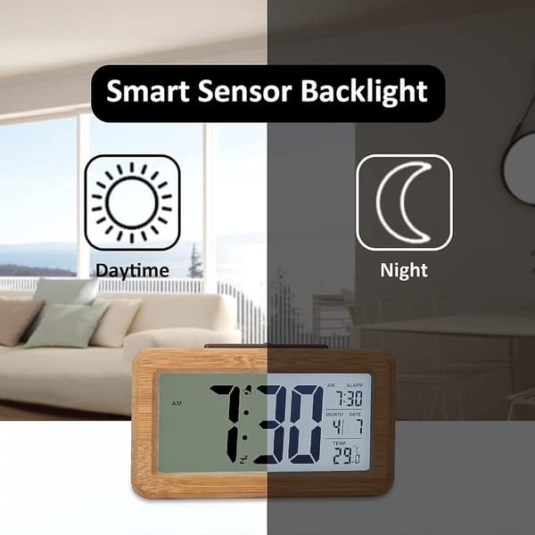 Trädigital väckarklocka, LED-display väckarklocka i trästruktur, smart sensor nattlampa