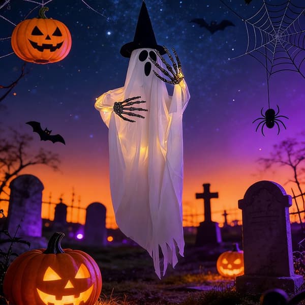 Halloween Hængende Dekoration - Lysende Heks og Spøgelse - Udendørs - 80x90 cm - Festtilbehør