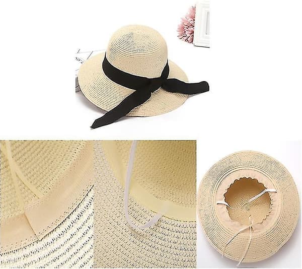 Solhatt av strå for kvinner, strand, UV Upf50, sammenleggbar brem, sommer UV-hatt