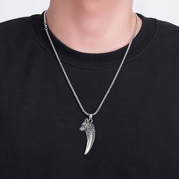 Vintage Varg Huvud Titan Stål Halsband Rostfritt Stål Halsband Man Varg Tand Hänge