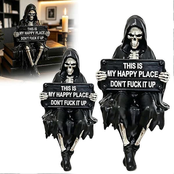 Grim Reaper hyldepynt med dinglende ben stabil figur til bogreoler sjov dekoration L