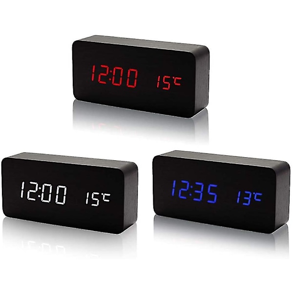 Trädigitalklocka - Multifunktionell LED-väckarklocka med tid/datum/temperaturvisning