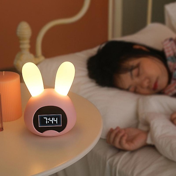 Led barnklocka, Usb kanin väckarklocka, sänglampa väckarklocka, digital väckarklocka（Rosa）