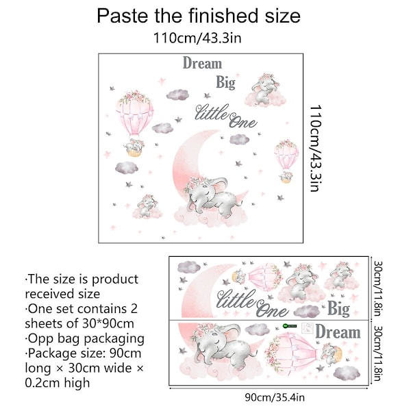 Elefant veggklistremer rosa måne varmluftsballong grå stjerner veggklistremer for barnehage barnerom