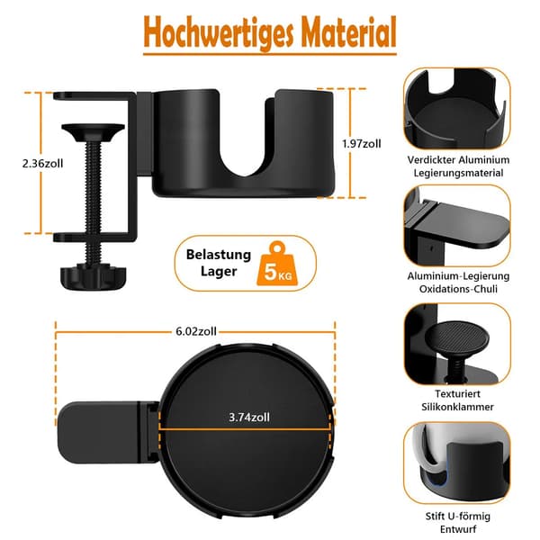 2 stk. bordklemme koppholder, koppholder for kopper opptil 3,74 tommer
