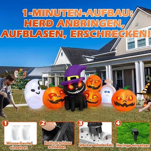 2,4 m oppusteligt Halloween-græskar med spøgelse og sort kat | 8 fod oppustelig græskarvægdekoration