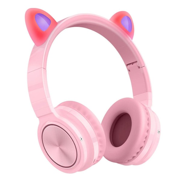 Bluetooth-hörlurar med kattöron, LED, trådlösa, hopfällbara, over-ear-hörlurar - rosa