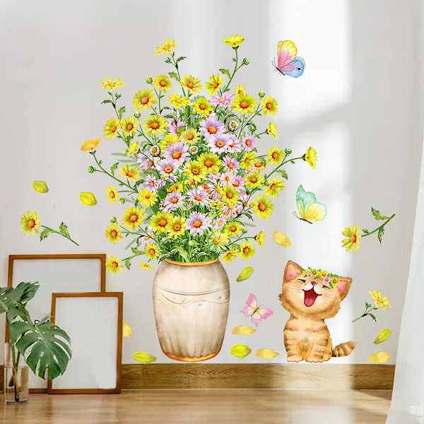 Söta kattblommor väggklistermärke dekorativt självhäftande film väggklistermärke väggdekoration för sovrum vardagsrum