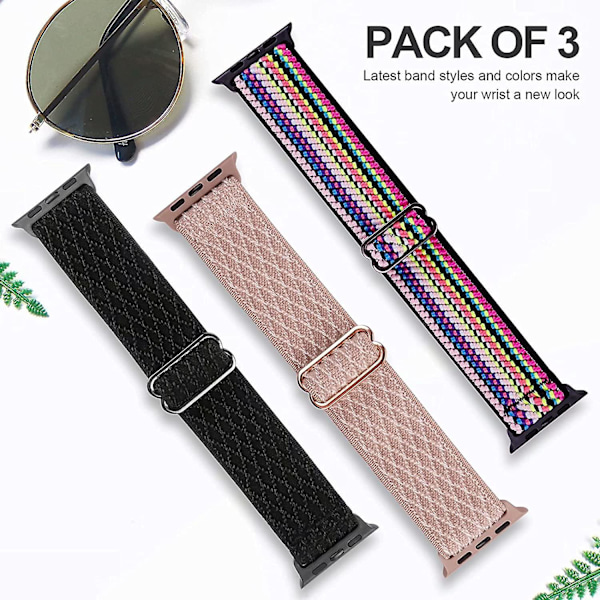 Stretchiga Nylon Solo Loop-band Kompatibla med Apple Watch 42mm/44mm/45mm, Armband för Iwatch Serie 7/6/5/4/3/2/1 Se, 3-pack Y 42 Svart/Rosérosa/Pride