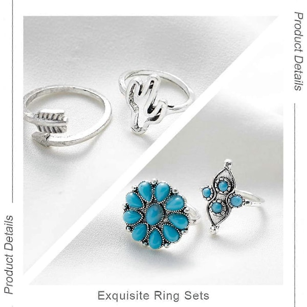 Boho Knuckle Rings Set Silver Turkos Stapelbara Fingerringar Justerbar Öppen Ring Midi Storlek Knog Ring Set för Kvinnor och Flickor 9PCS