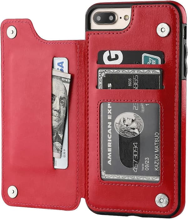 iPhone 7 Plus iPhone 8 Plus Plånboksfodral med Kortfack, Premium PU-Läder Stativ Kortfack, Dubbel Magnetisk Spänne och Hållbart Stötsäkert Co