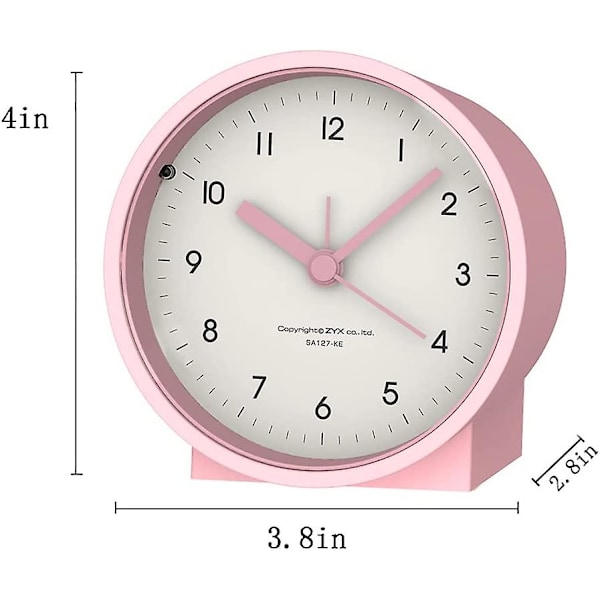 Batteridriven analog alarmklocka tyst icke tickande, stigande pipljud, snooze, ljusfunktioner, enkel inställning (rosa)