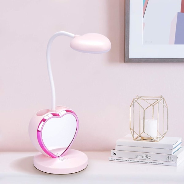 Børns LED-skrivebordslampe, dæmpbar bordlampe, genopladelig med penneholder, USB-port til teenagepiger, drenge, studerende, PINK