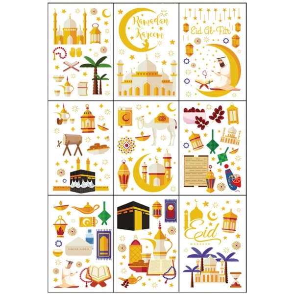 9 ark (196 stycken) Ramadan-fönsterklistermärken Islamiska dekaler Eid-väggklistermärken Månstjärnor Dekorativa klistermärken