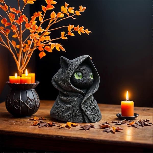 Mystisk kattfigur med huva, gotisk svart kattstaty för hemdekoration Black 2pcs