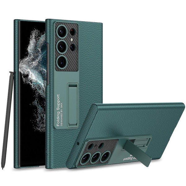 Case i matt PU-läder kompatibelt med Samsung Galaxy S23 Ultra, ultratunt phone case med grönt stativ