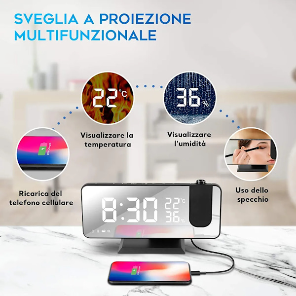 LED digital väckarklocka med 180° projektion, stor LED-display med USB-port, snooze dubbelalarm, 4 projektionsljusstyrkor med automatisk dimmer