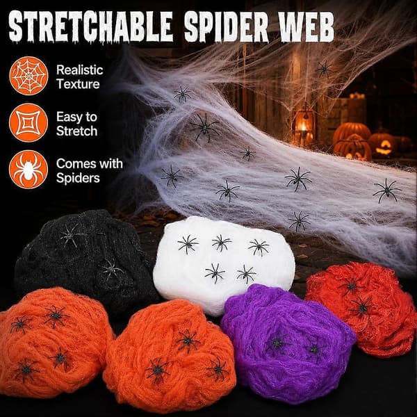 Falsk edderkoppspinn i plast, elastisk Halloween-dekorasjon, bomull, fleksibel White