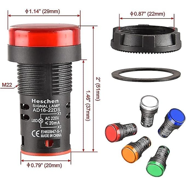 Sæt med 5 lyse LED-indikatorlamper AD16-22D/S - 22 mm 220 VAC 20 mA - Rød/grøn/gul/blå/hvid