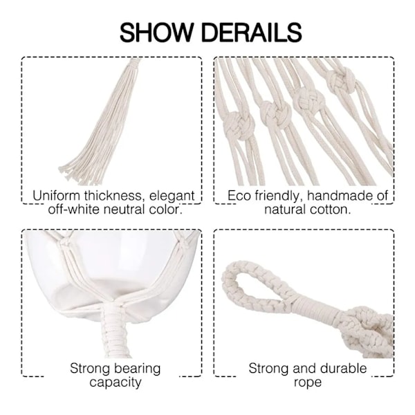 2 stk Makrame Hengekurv, Bomullstau Hengekurv Blomsterpotte Planteholder Henger, for Veggdekorasjon