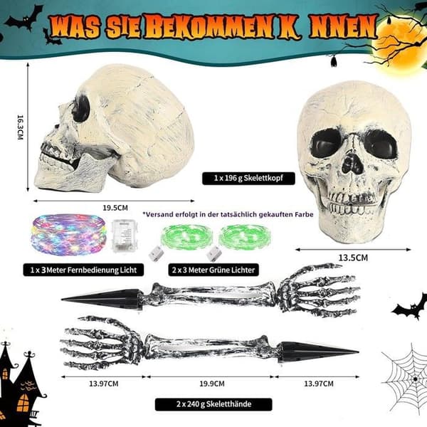Lysende skjelett - MAXEE - Halloween - Grønn LED - 15m fjernkontroll - 5m kabel - 8 moduser hvit XXS