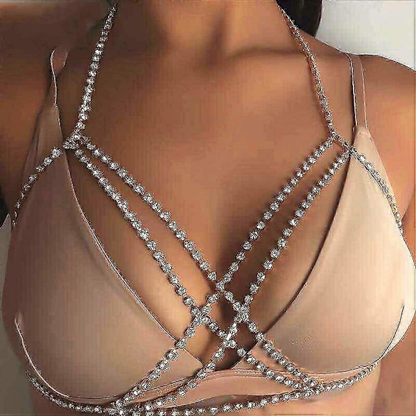kroppskedja i kristall, bikini kroppskedjor nattklubb bröstkedja mode kroppsmycken för kvinnor och flickor (silver)