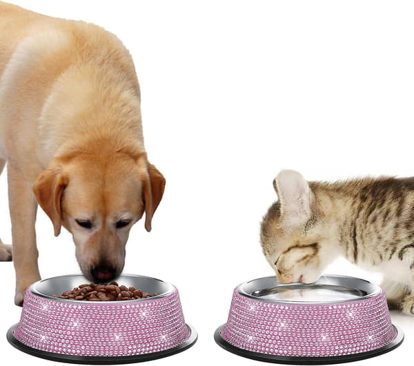 Skinnende Rhinestone Rustfrit Stål Kæledyrsskål Hunde- og Kattefoder, 640 ml - Pink