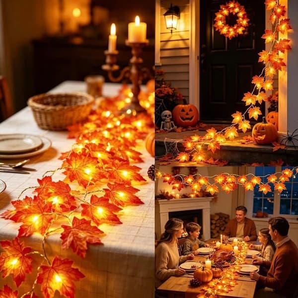 1,7 m höst- och halloweenkrans med timer, LED-lönnlöv heminredning tacksägelse vit XXS