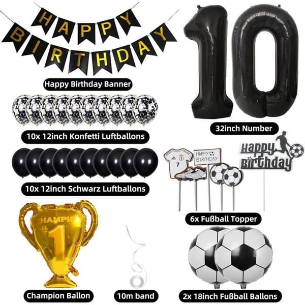 Sort Helium 10-års Fødselsdagsfodbold til Drenge - Kage- og Festdekoration til 10-årige Børn