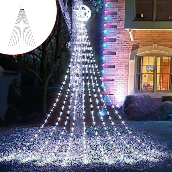 Ljus Chrismas solcells utomhus ljusslinga, uteplats regnsäker dekorativ julgran, vattenfall julbelysning, vattentät utomhus hängande uteplats veranda trädgård gård Funktioner: