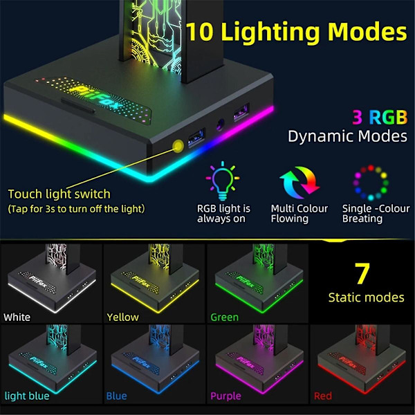 RGB-pelikuulokkeiden pidike 10 valolla, kahdella USB-liitännällä, 3,5 mm:n ääniliitännällä, 3D-tunnelmavalon värilaatikko (musta)