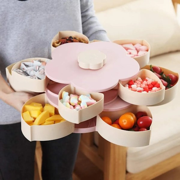 Snacksbox i Blomform Roterande Fruktskål Dubbla Lager Godisbox för Hemmakontor Bröllopsbricka