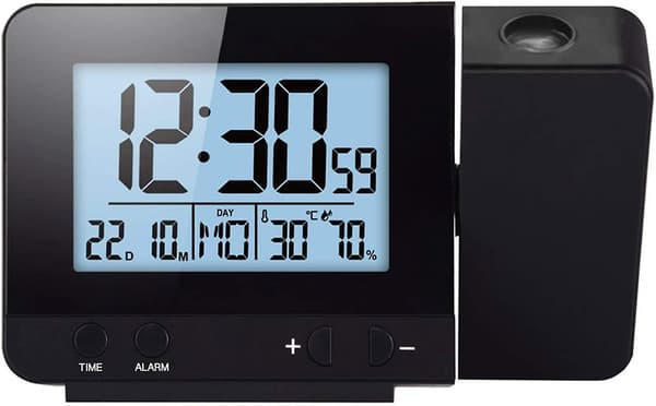 Digital projektionsklocka, sängbordsdimmer väckarklocka tidstemperaturskyddsklocka med snooze