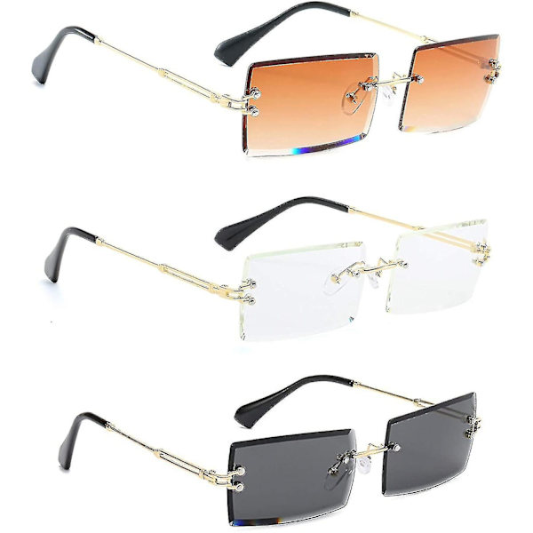 Rimless rektangulära solglasögon kvinnor män ultralätt metallram（Tea Gradient Grey）