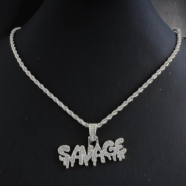 Punk Savage bokstavkjede og anheng skinnende is ut lenkekjede kjede med tennis kjede choker hip hop smykker for menn (Imitasjon Rhodiumbelagt)