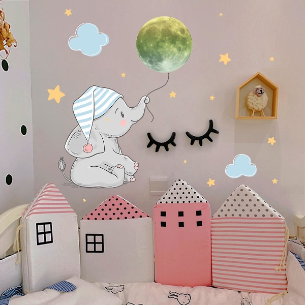 Dww-Baby Elephant Moon Star Luminous Wall Sticker, Creative Fluorescent Wall Sticker, Bedroom Decorative Sticker, Self-Adhesive Art