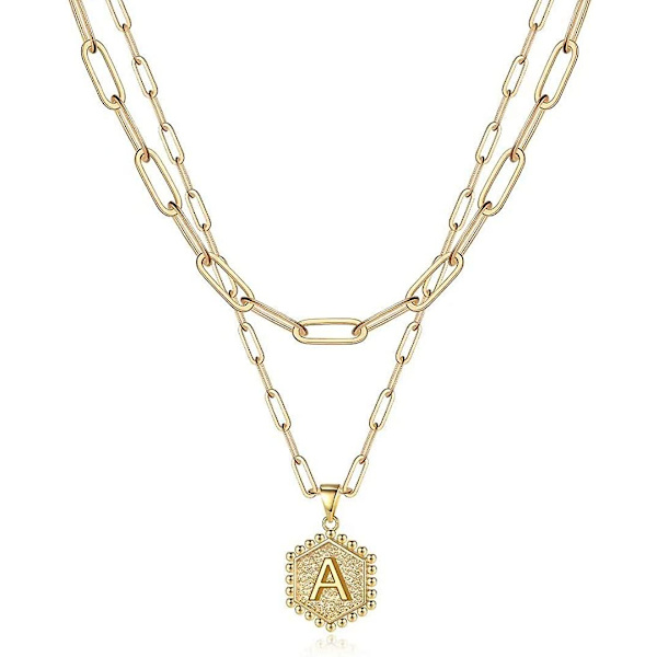 Snygga Lager-Initialhalsband för Kvinnor, 14k Guldförgylld Pappersklippskedja Halsband Enkelt Sött Hexagon Brev Hänge Initial Choker Halsband Guld L